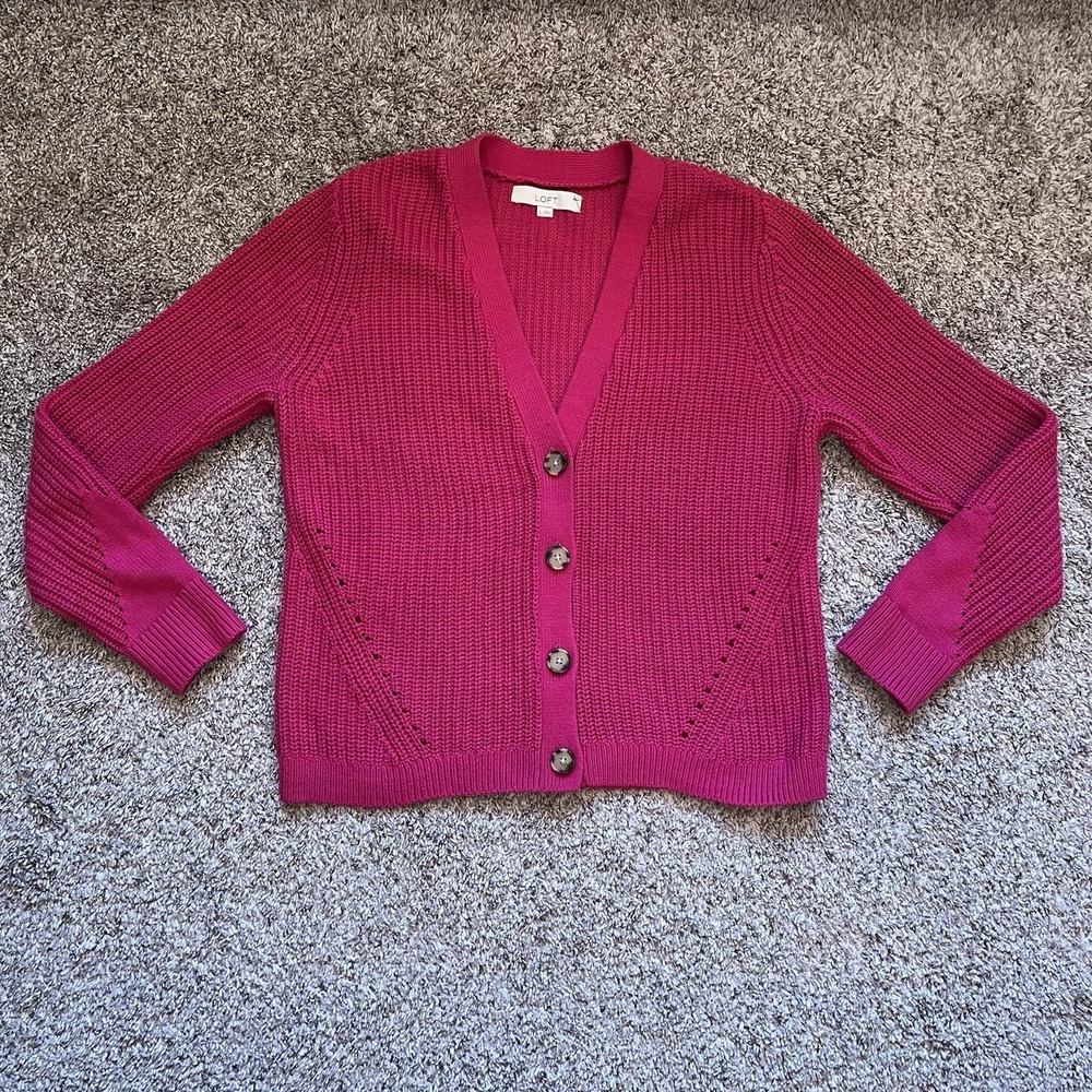 Loft Knit Sweater Cardigan Size Large Pink Button Up Barbiecore